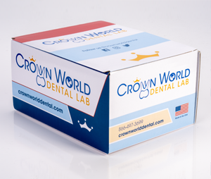 Crown World Dental Lab Delivery Box with Restoration Inside